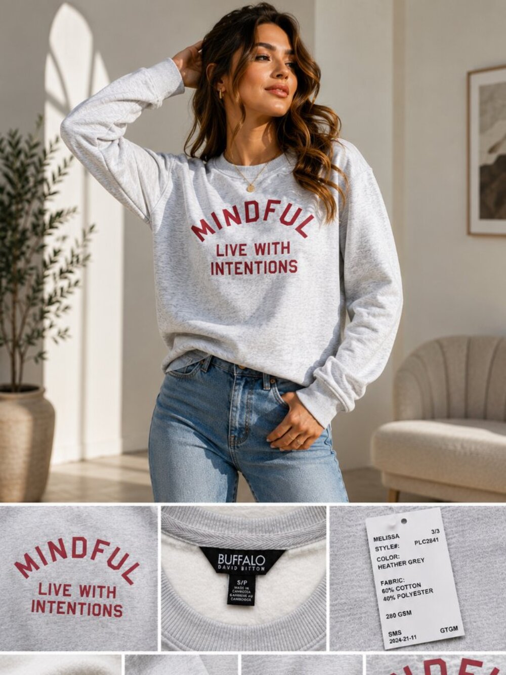 NWT Buffalo David Bitton Mindful Live With Intentions Fleece Sweatshirt Gray Sma - Picture 2 of 5